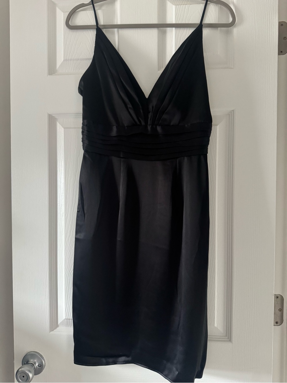 ABS Satin V-Neck Spaghetti Strap Black Dress